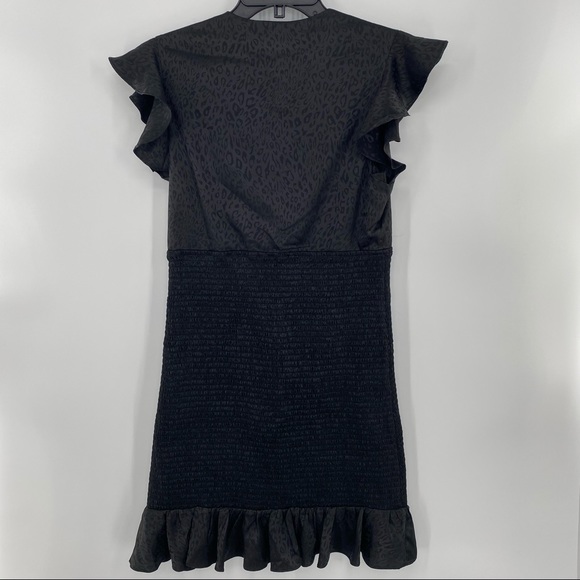 Aqua NWT Tonal Leopard Print Flutter Sleeve Asymmetrical Mini Dress Black M New - Picture 3 of 8